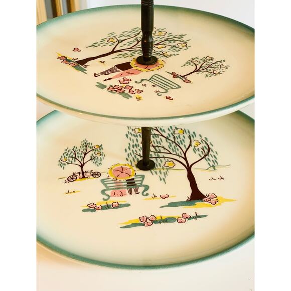 VTG Brock Of California Forever Spring-Couple In The Park 3-Tier Platter - Picture 2 of 6